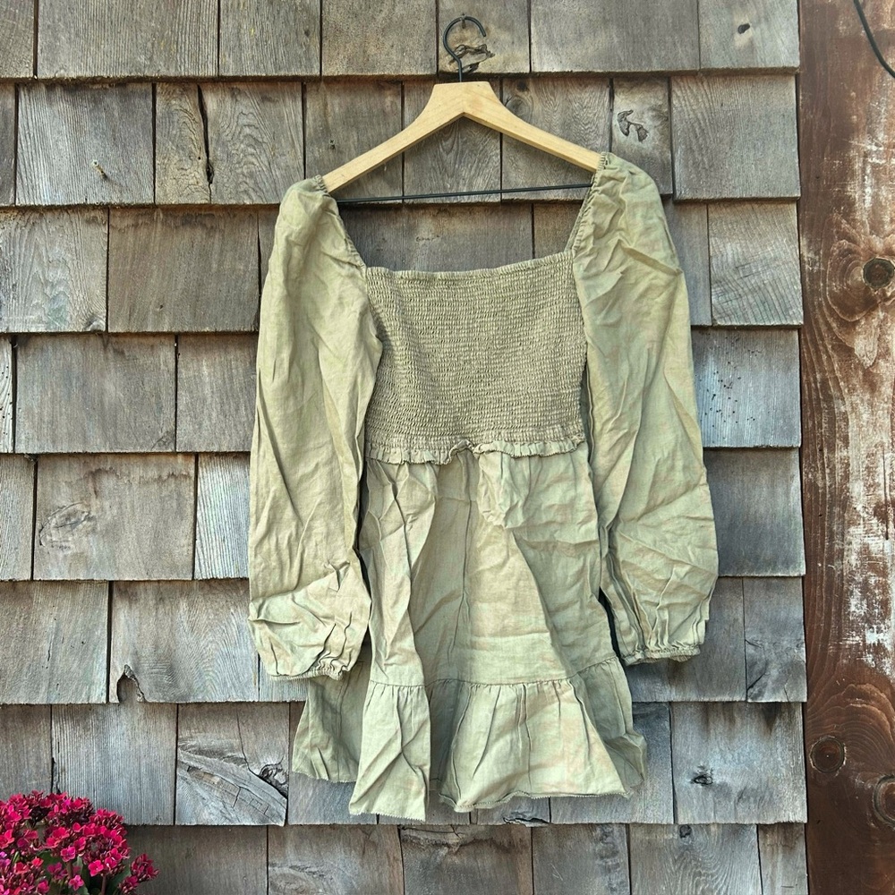 Smocked Square-Neck Long Sleeve Mini Dress - Sage